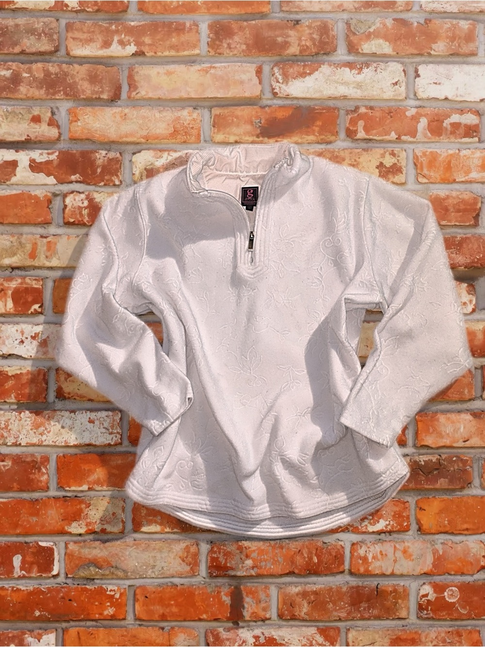 Vintage 90s Cream Floral Embossed Quarter-Zip Fleece Sweater with Gingham Collar